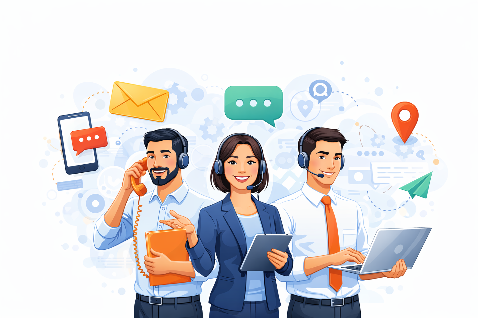 Illustrated customer support team wearing headsets, helping users through phone, chat, and laptop, representing a friendly and professional contact support service.