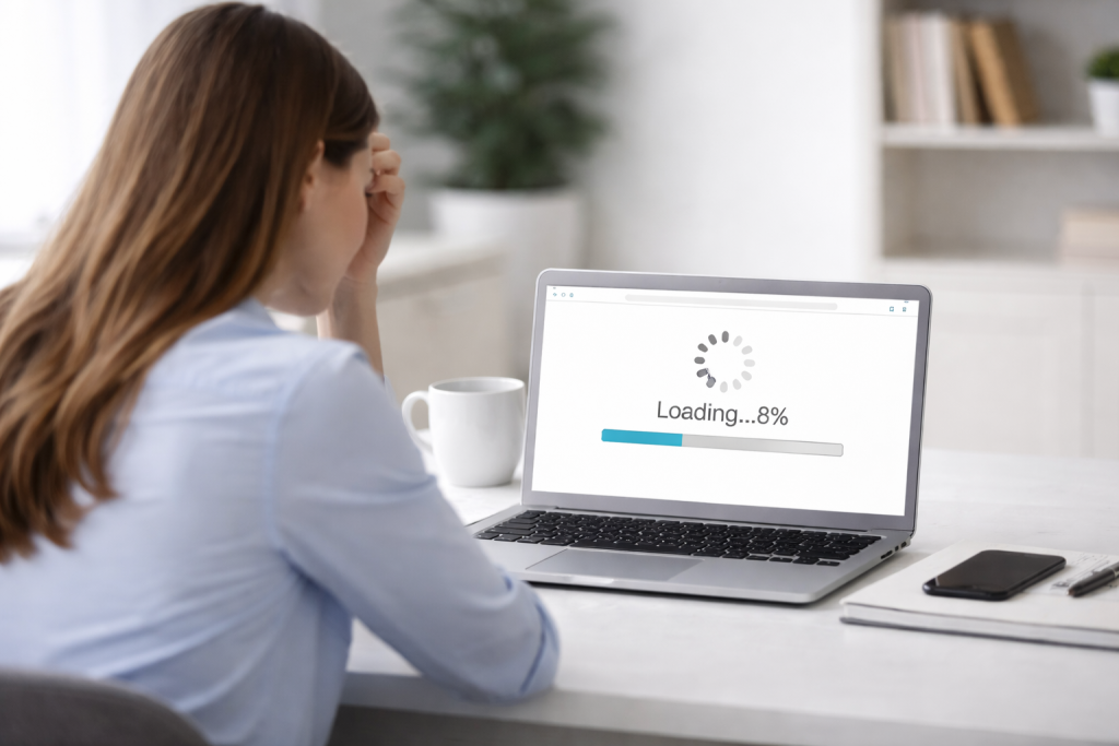 Slow loading website displayed on laptop screen
