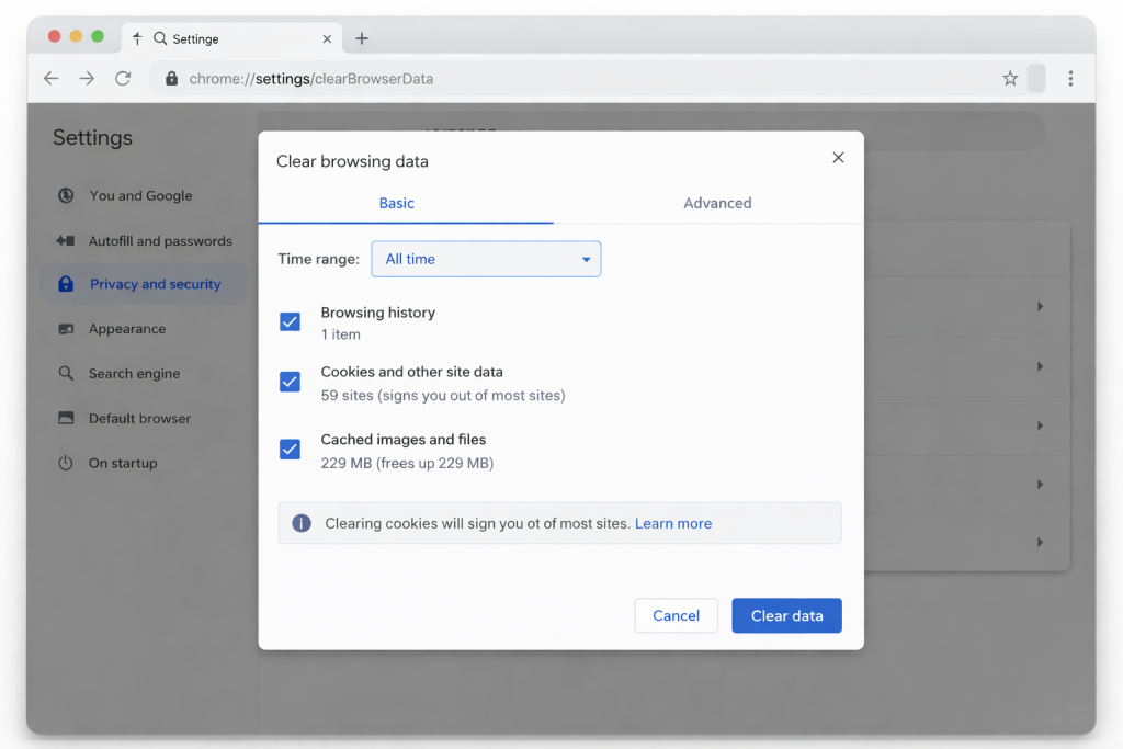 Clearing cache in Google Chrome browser settings