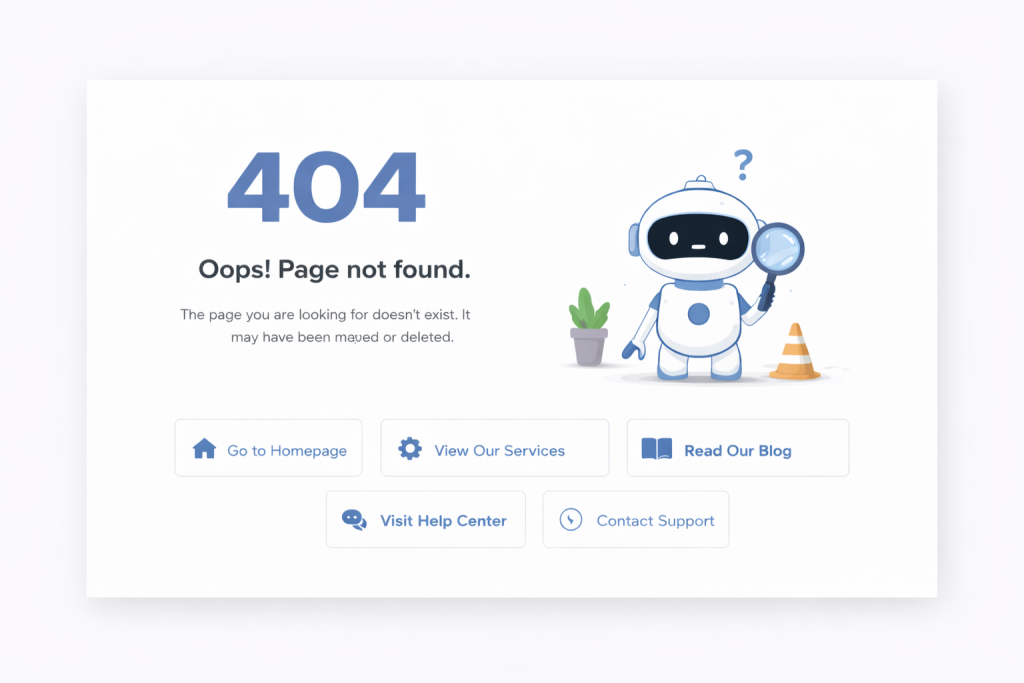 Custom 404 error page design with navigation links
