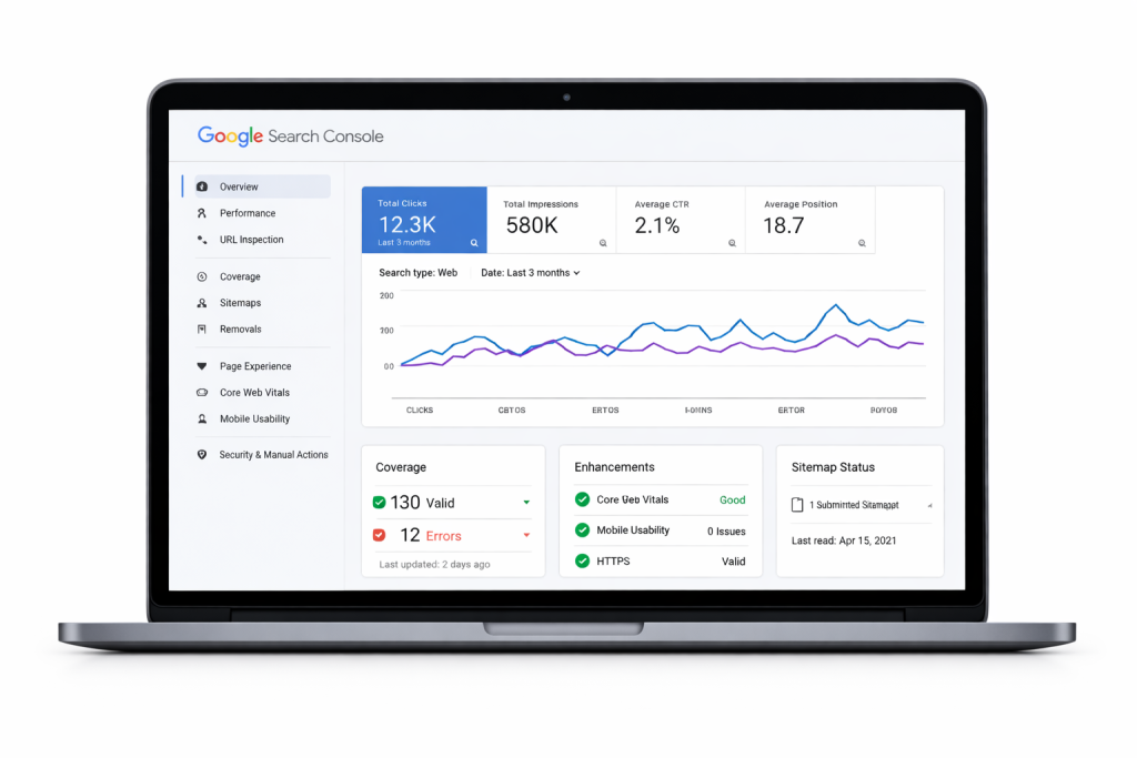 Google Search Console dashboard showing website data