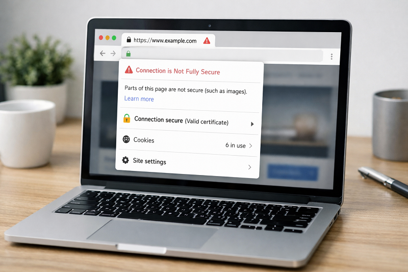 HTTPS-mixed-content-warning-browser-security-panel-on-laptop-screen-modern-workspace-clean-desk-realistic-lighting