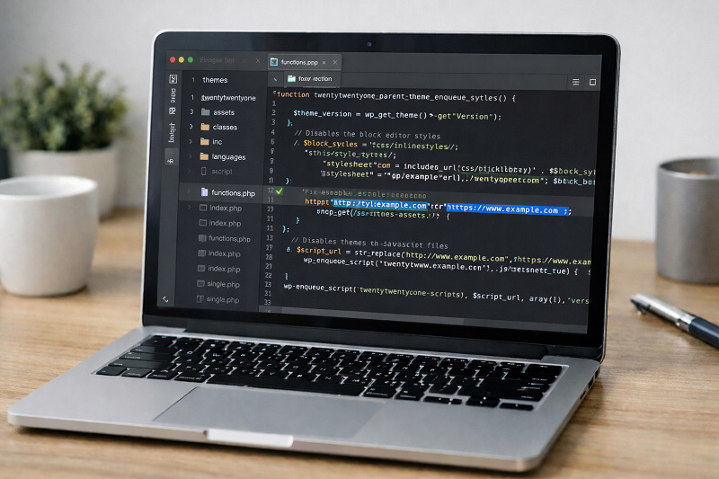 code-editor-http-to-https-url-update-fix-mixed-content-theme-files-on-laptop-screen