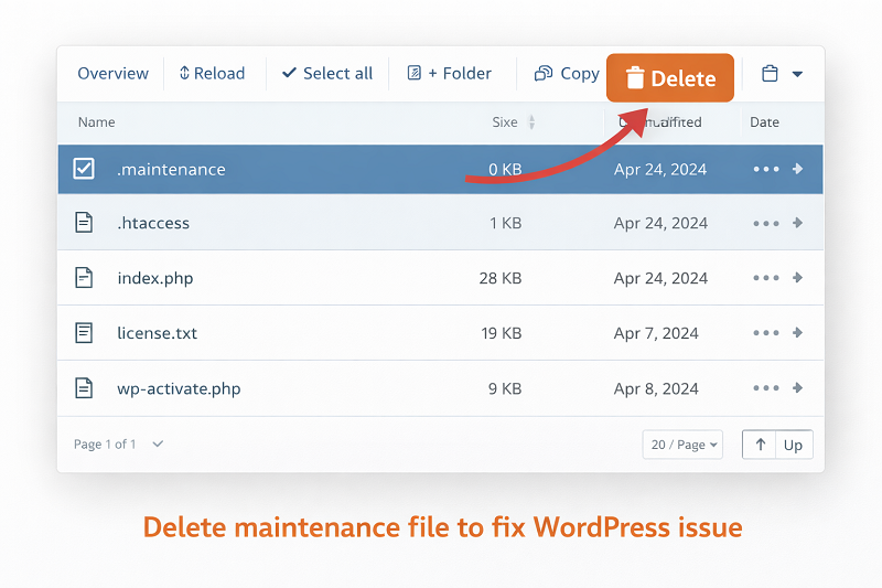 hosting-file-manager-showing-maintenance-file-selected-for-deletion-in-wordpress-root-directory