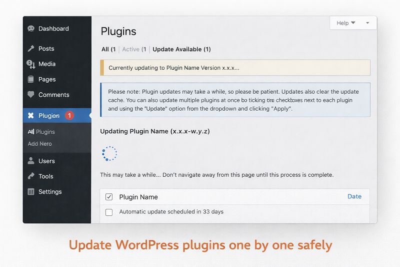wordpress-dashboard-showing-single-plugin-update-in-progress-for-safe-update-process