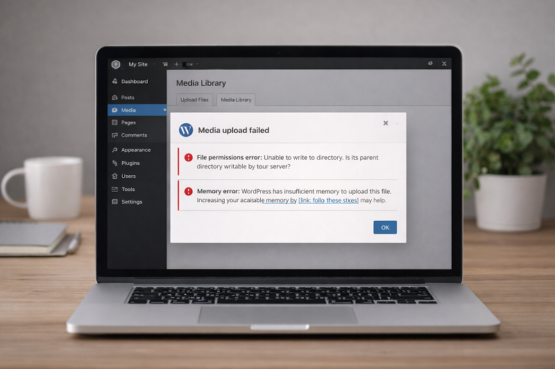 wordpress-media-upload-error-file-permissions-memory-warning-laptop-dashboard