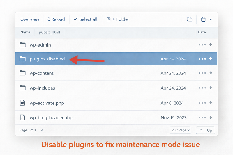 wordpress-plugins-folder-renamed-to-disable-plugins-in-hosting-file-manager-to-fix-maintenance-mode