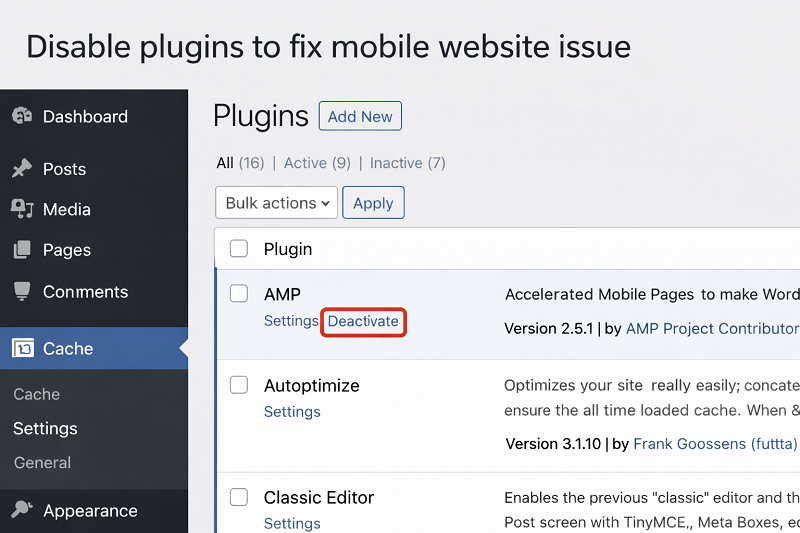 wordpress-plugins-page-with-deactivate-option-highlighted-disable-plugins-to-fix-mobile-website-issue
