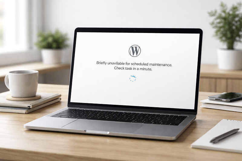 wordpress-website-stuck-in-maintenance-mode-on-laptop-screen-in-clean-modern-workspace