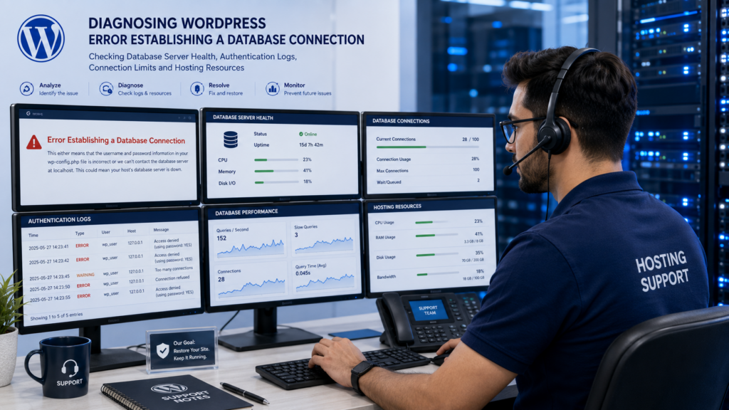 Hosting support diagnosing a WordPress database connection error