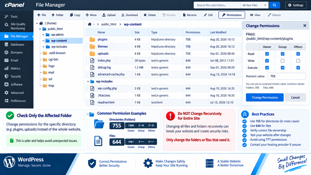 Checking WordPress file permissions safely in File Manager
