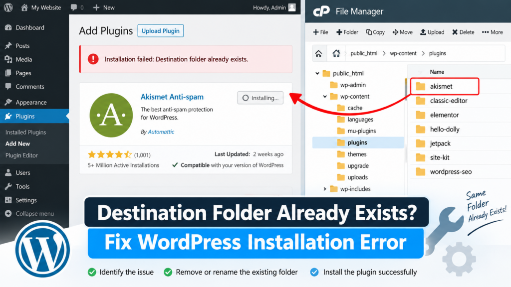WordPress Destination Folder Already Exists error during plugin installation