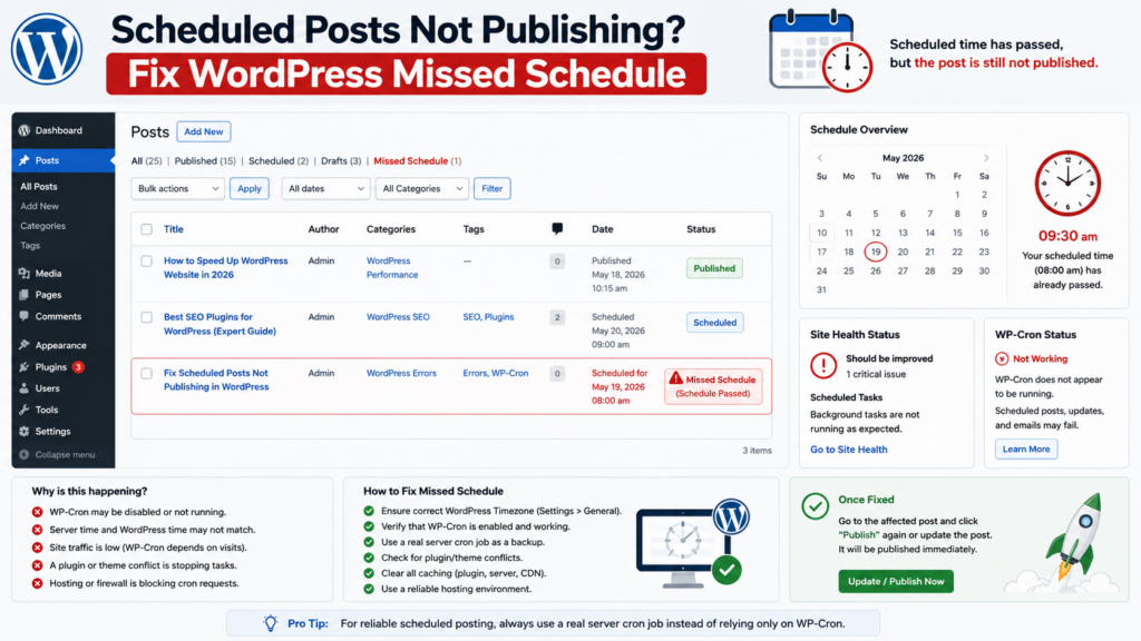 Scheduled post showing a Missed Schedule error in WordPress