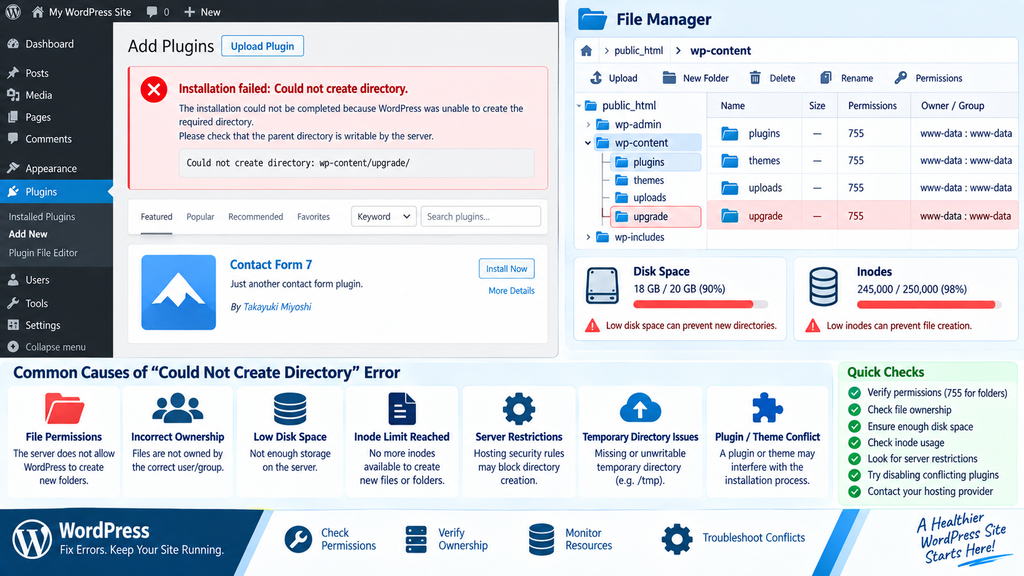WordPress Could Not Create Directory error during plugin installation