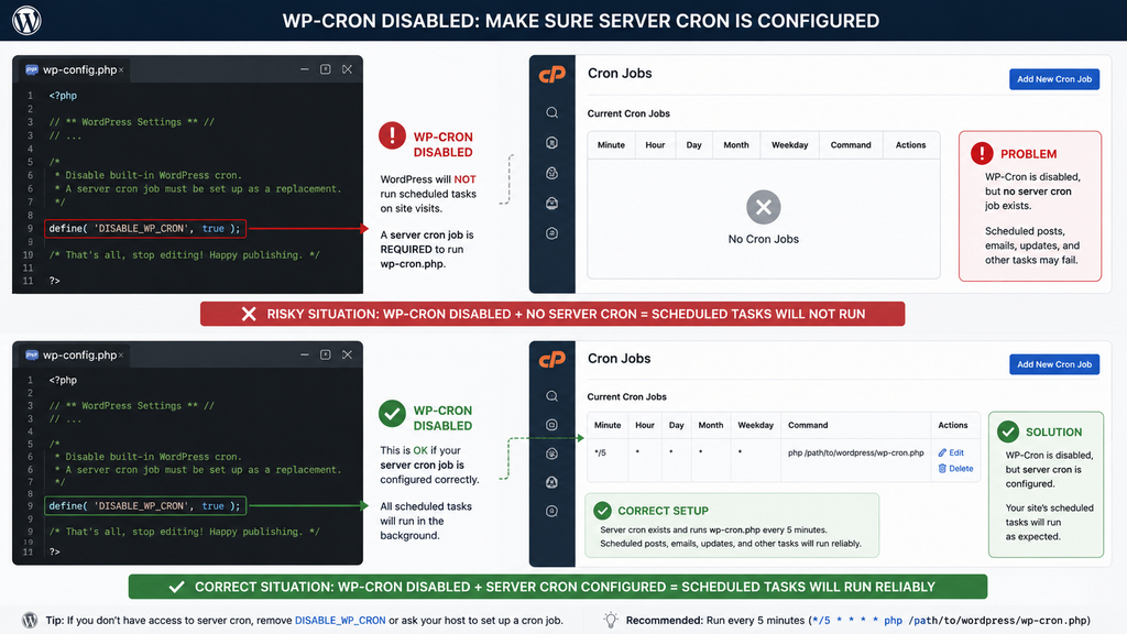 Checking DISABLE_WP_CRON and server cron configuration in WordPress