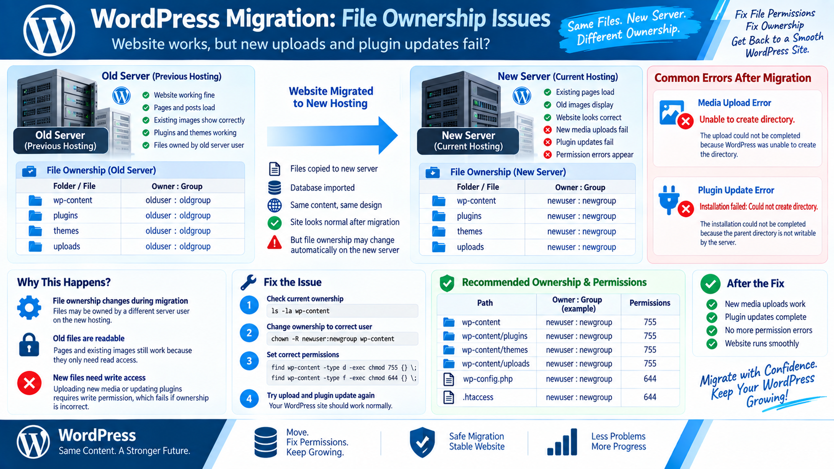 WordPress file ownership problems after website migration
