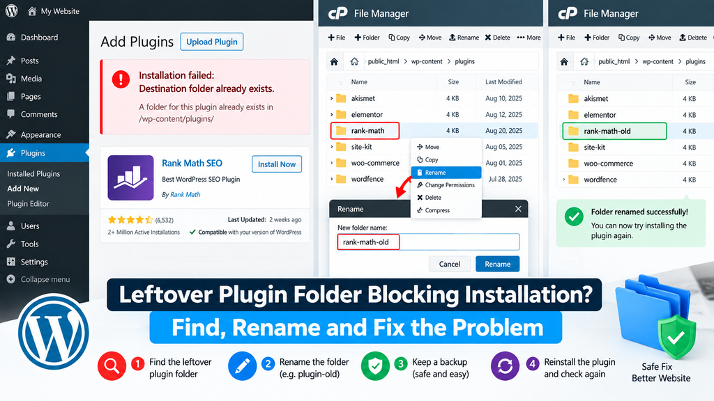 Leftover WordPress plugin folder blocking a new installation