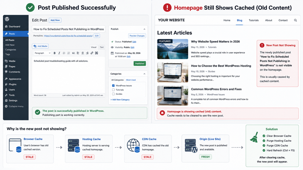 WordPress post published but homepage still showing cached