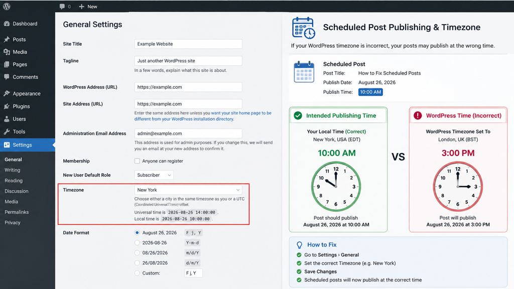 Checking WordPress timezone for scheduled post publishing errors