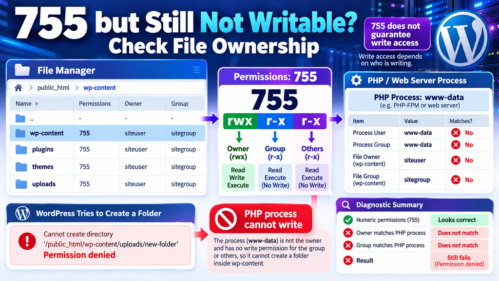 WordPress directory shows 755 permissions but cannot create folders because of ownership