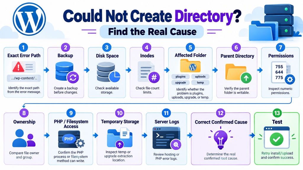 WordPress Could Not Create Directory step-by-step troubleshooting flowchart