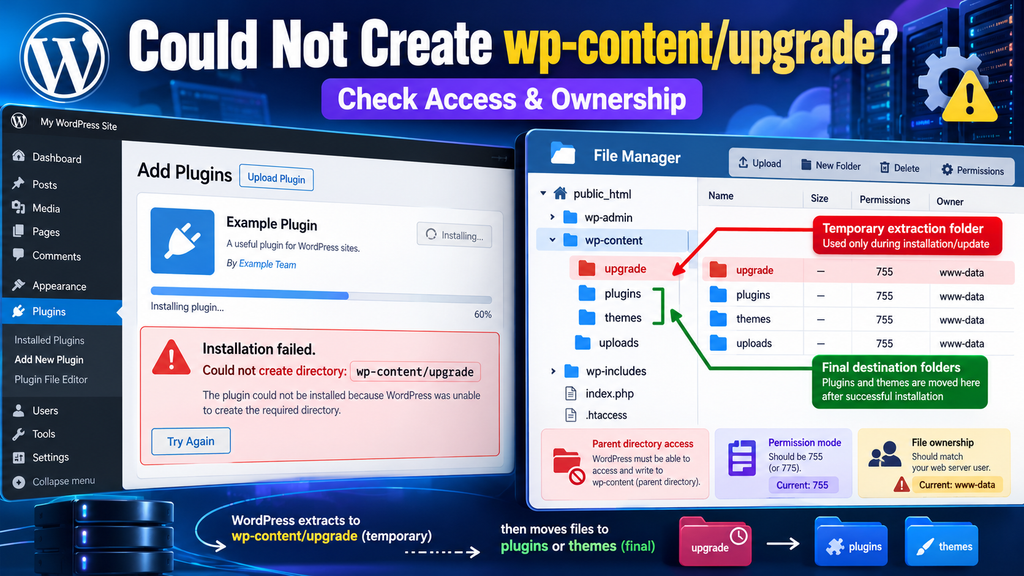 WordPress could not create wp-content upgrade directory during plugin installation